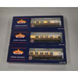 OO Gauge. 3 boxed Bachmann Pullman Coaches with lighting, 39-300, 39-320 and 39-310, all appear VG