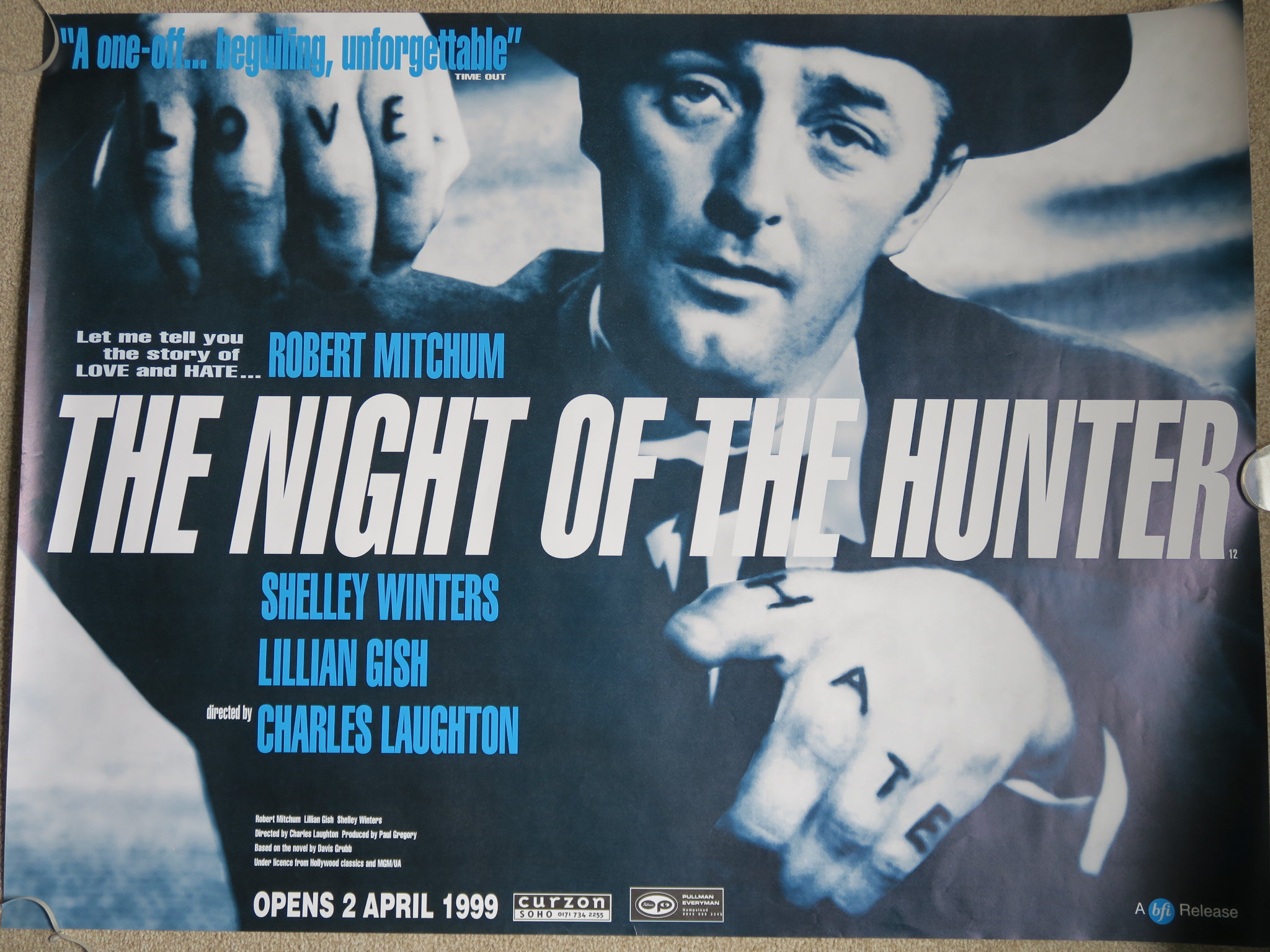 Night of the Hunter BFI release British Quad film poster picturing Robert Mitchum in the Charles