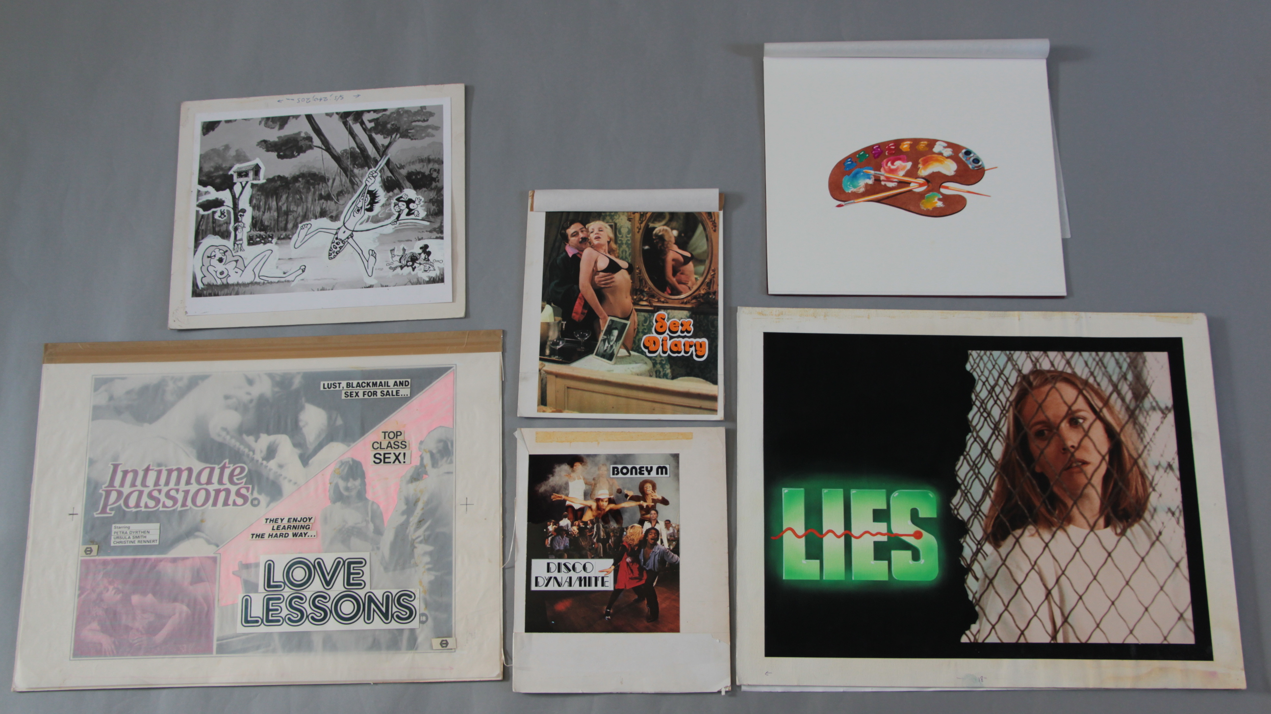 Seven pieces of original artwork for film posters including Jungle Burger, Intimate Passions /
