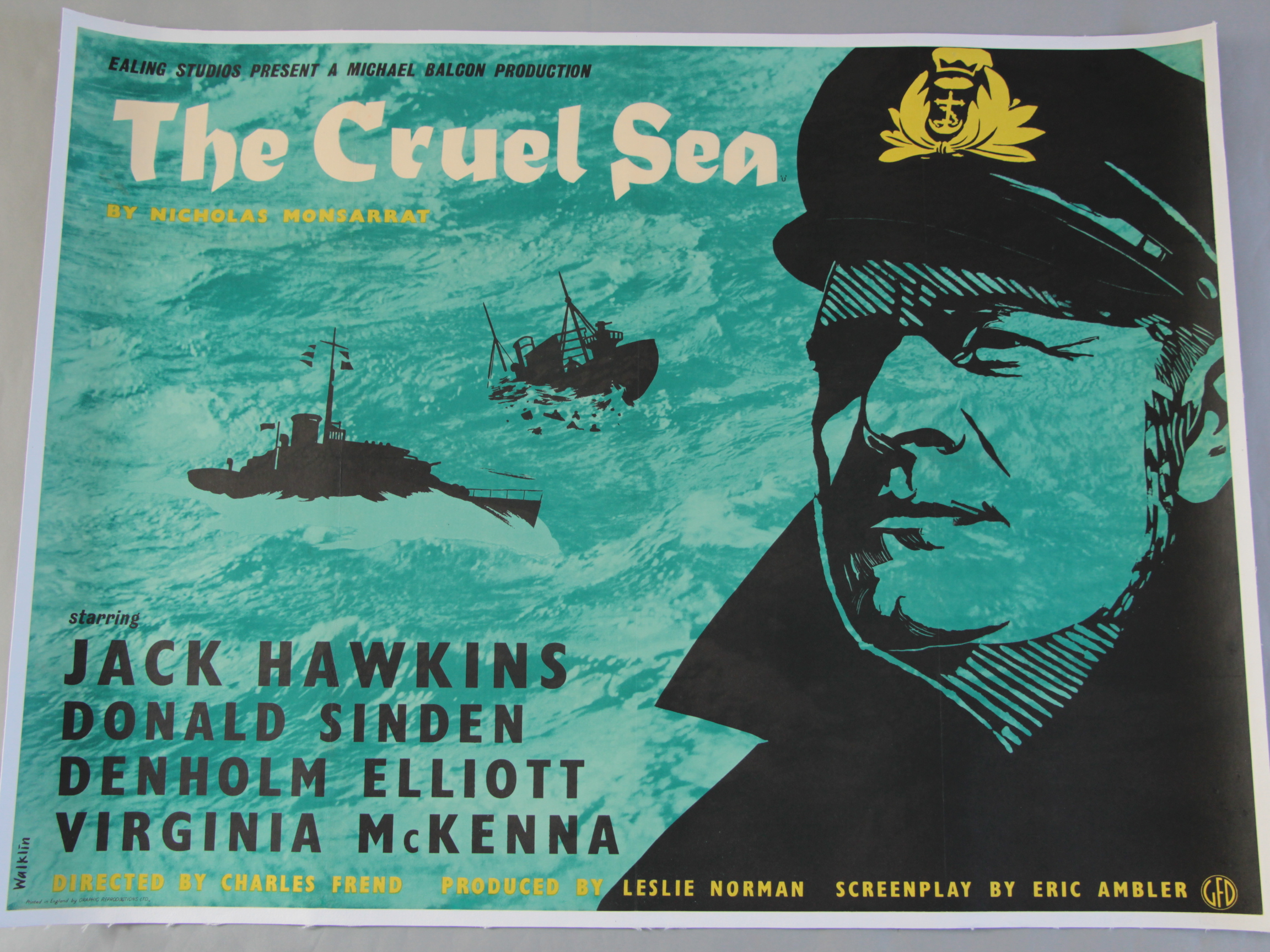 The Cruel Sea (1953) Ealing studios original first release British Quad linen backed film poster for