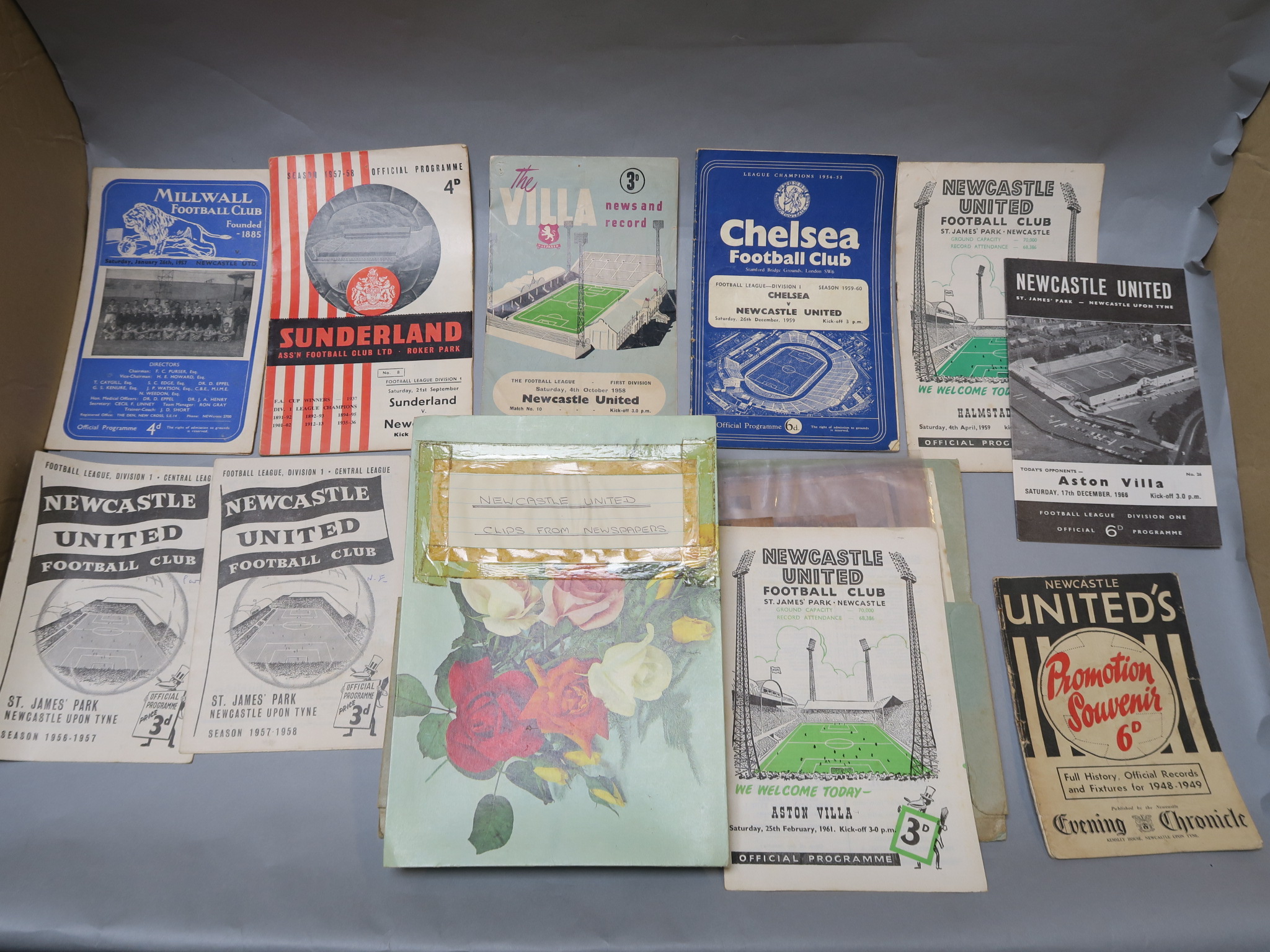 Early Newcastle programmes including Millwall away, Sunderland 1957, Aston Villa 1958, Chelsea 1959,