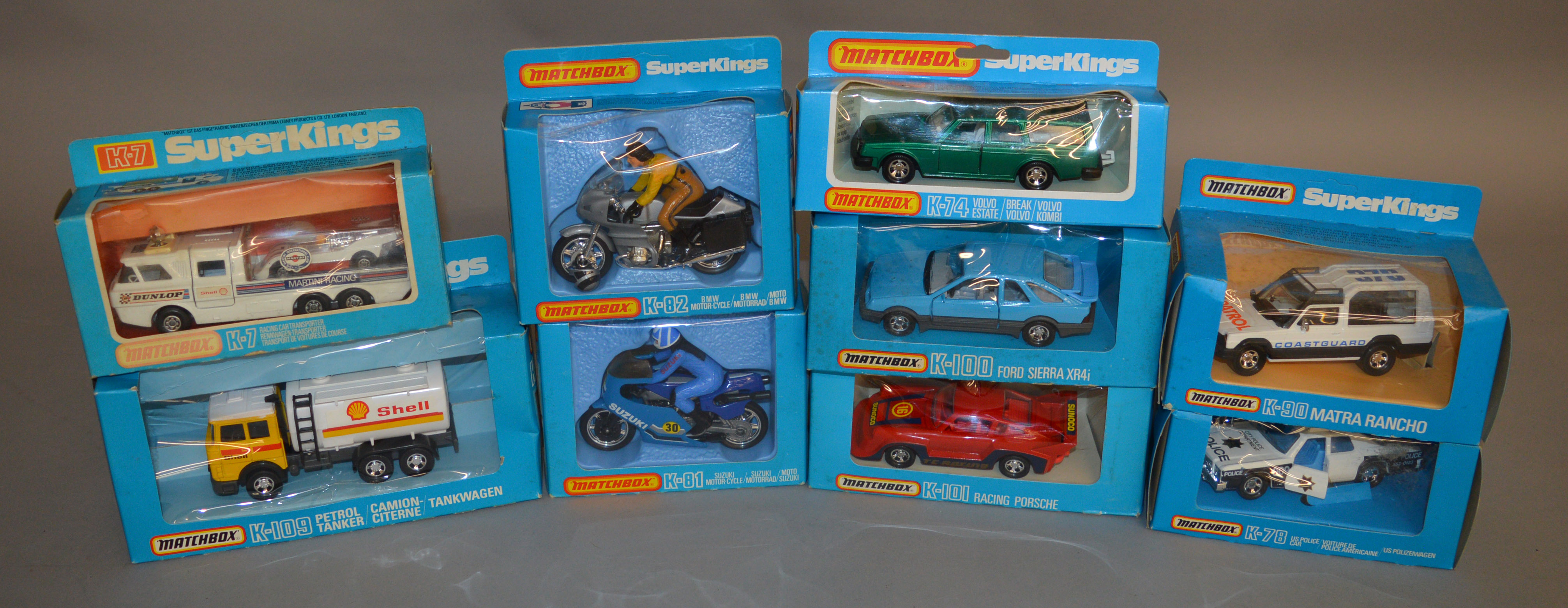 9 Matchbox models from the 'SuperKings' range, all in window box packaging, including K-101 Racing