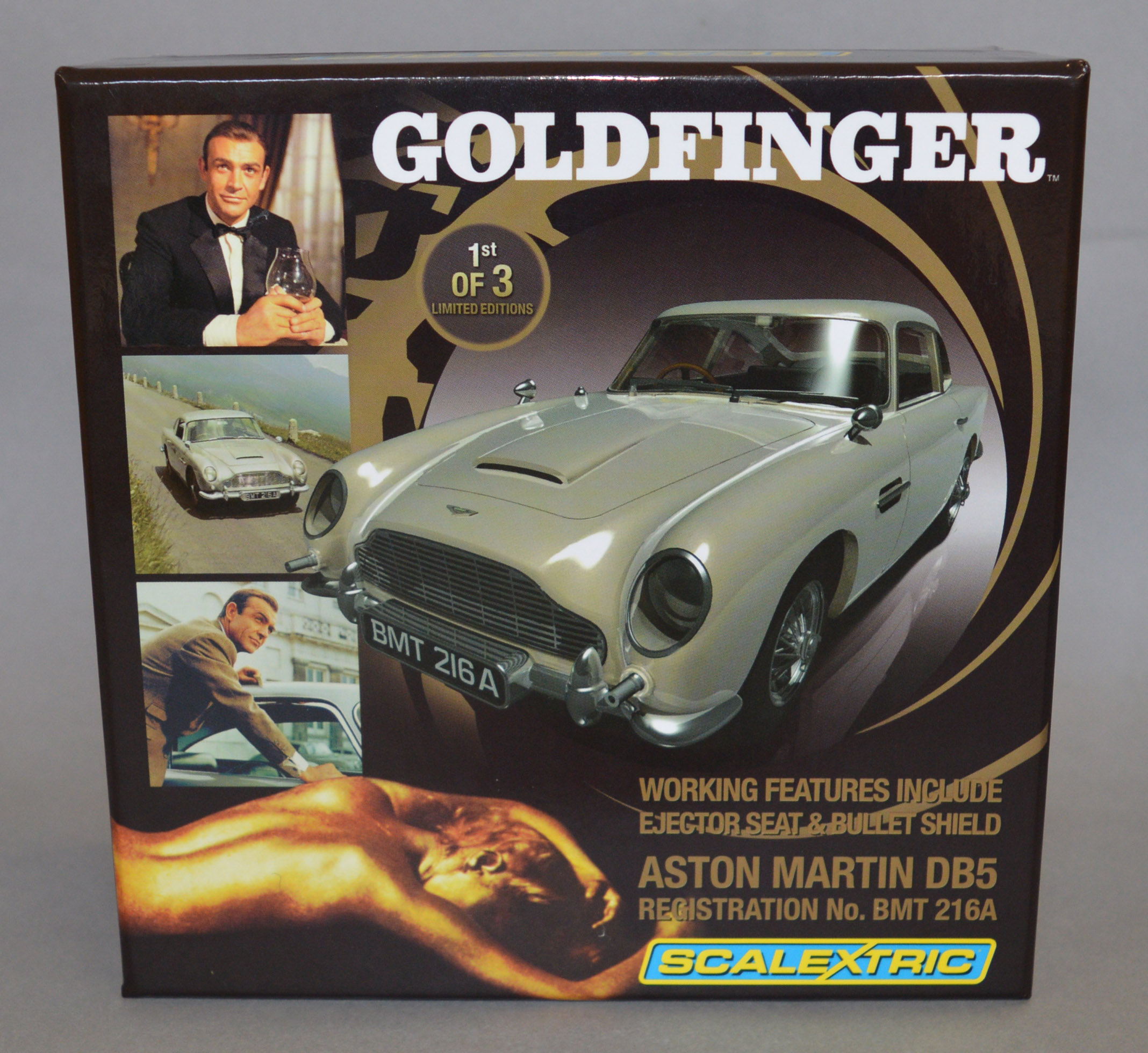 12 James Bond Scalextric diecast models, Goldfinger 007 Aston Martin DB5 contained in 1 trade box (