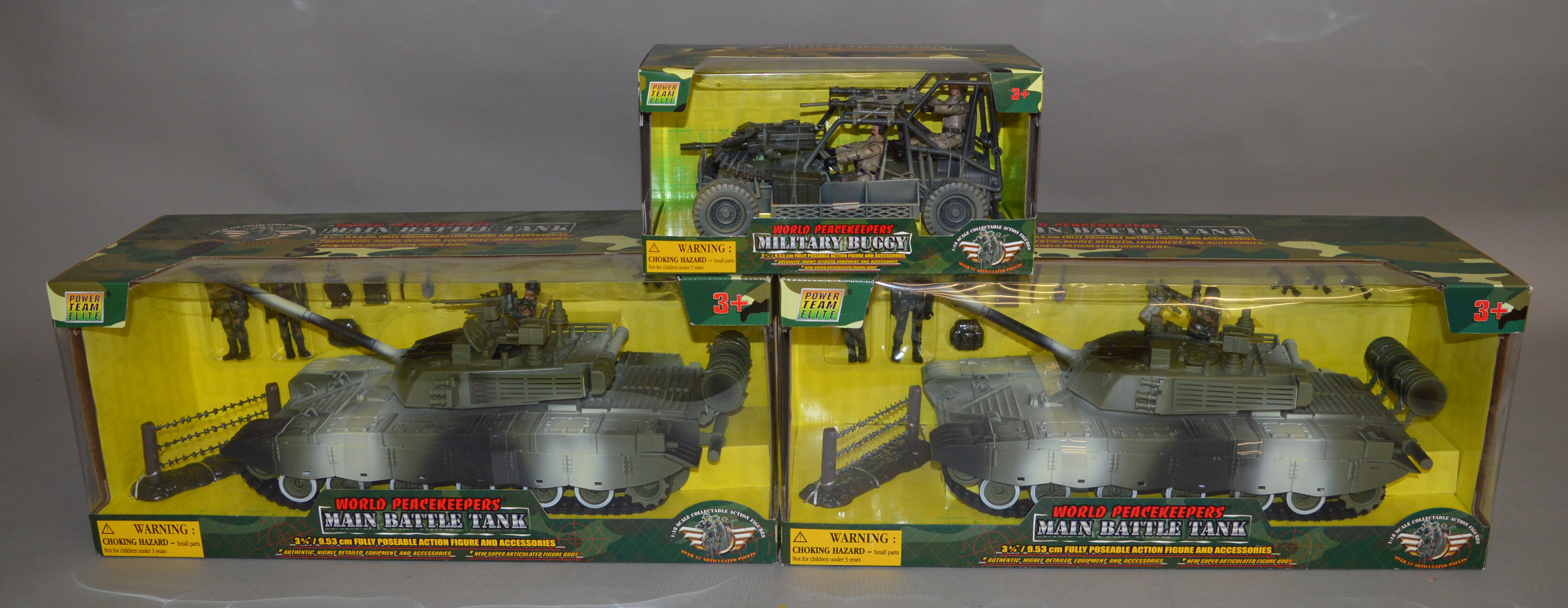 3 military themed models, x2 Main battle Tanks and a Military Buggy (3).  [NO  RESERVE]
