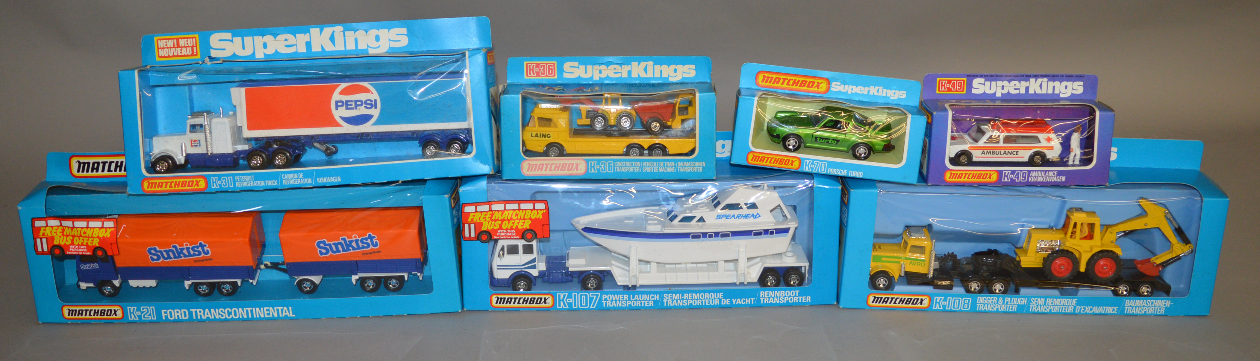 7 Matchbox models from the 'SuperKings' range, all in window box packaging, including K-36