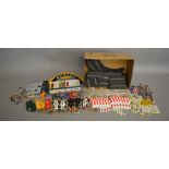 A good quantity of unboxed Scalextric Slot Car Accessories including track, fencing, figures, flags,