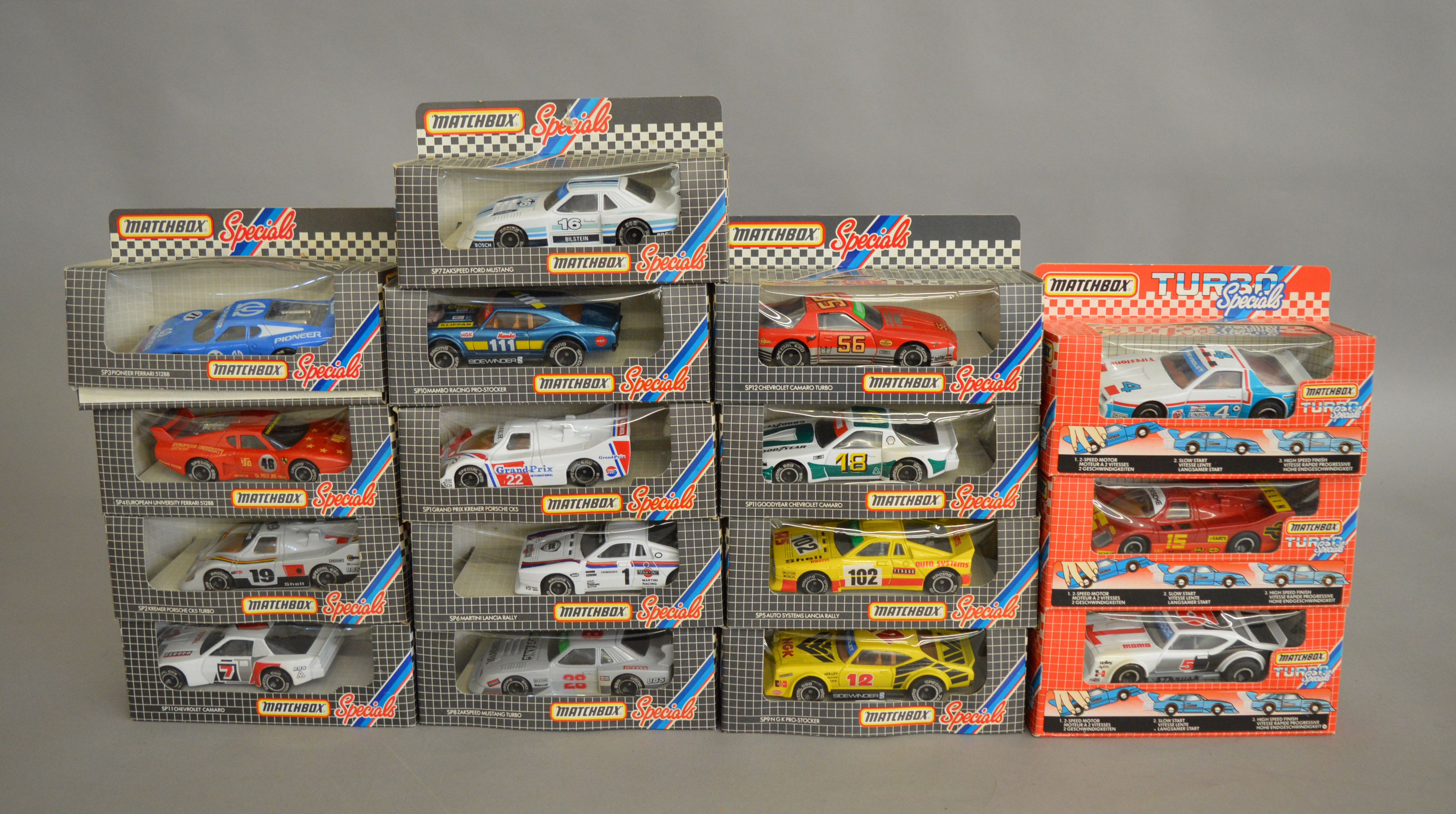 16 Matchbox models from the 'Specials' and 'Turbo Specials' ranges, all in window box packaging,