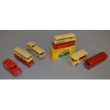 A boxed Dinky Toys 290 Double Deck Bus diecast model with Leyland grille in red and cream '