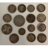 A boxed quantity of 18/19th century silver coins (15) to include 1825 George IV shilling (approx EF)
