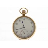 A 9ct top-wind open face pocket watch H/M Birmingham 1928, the white enamel dial has damage at