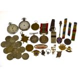 A small quantity to include three odd WWI medals, enamelled sweetheart brooches, the pocket