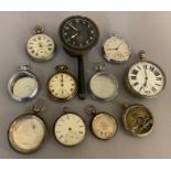 A quantity of silver & nickel cased pocket watches in various states of repair, including an 8 day
