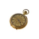 A continental top-wind fob watch stamped 18k, decorated enamel case back (minor damage to enamel),