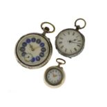 Three silver low grade (800) pocket/fob watches, one with enameled art nouveau design on case