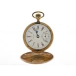A decorated gold plated top-wind Waltham pocket watch, the white enamel dial is clean except for a