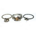 PANDORA - Three diamond set Pandora rings, size P & S