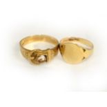 Two gents rings, a buckle & signet, both stamped 9ct, sizes S & X, approx gross weight 8gms