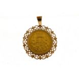 1863 full sovereign 9ct mounted pendant, approx gross weight 11.1gms