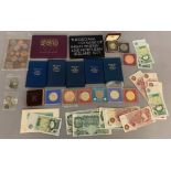 A boxed quantity of coins & notes to include, pre 20 coins approx 39gms, pre 47 silver coins