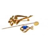 Three assorted 9ct H/M items to include a brooch, stick pin & pendant, approx gross weight 4.5gms