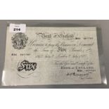 A white £5 note, no M63 08778, dated  7th July 1947, chief cashier 'K O Peppiatt', very good