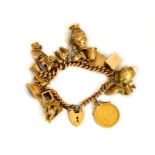 A 9ct H/M charm bracelet to include an 1887 full sovereign & fifteen 9ct charms (most H/M) approx
