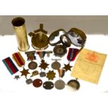 A boxed quantity of military items to include four compasses (1914 & 1918), various 1st & 2nd WW