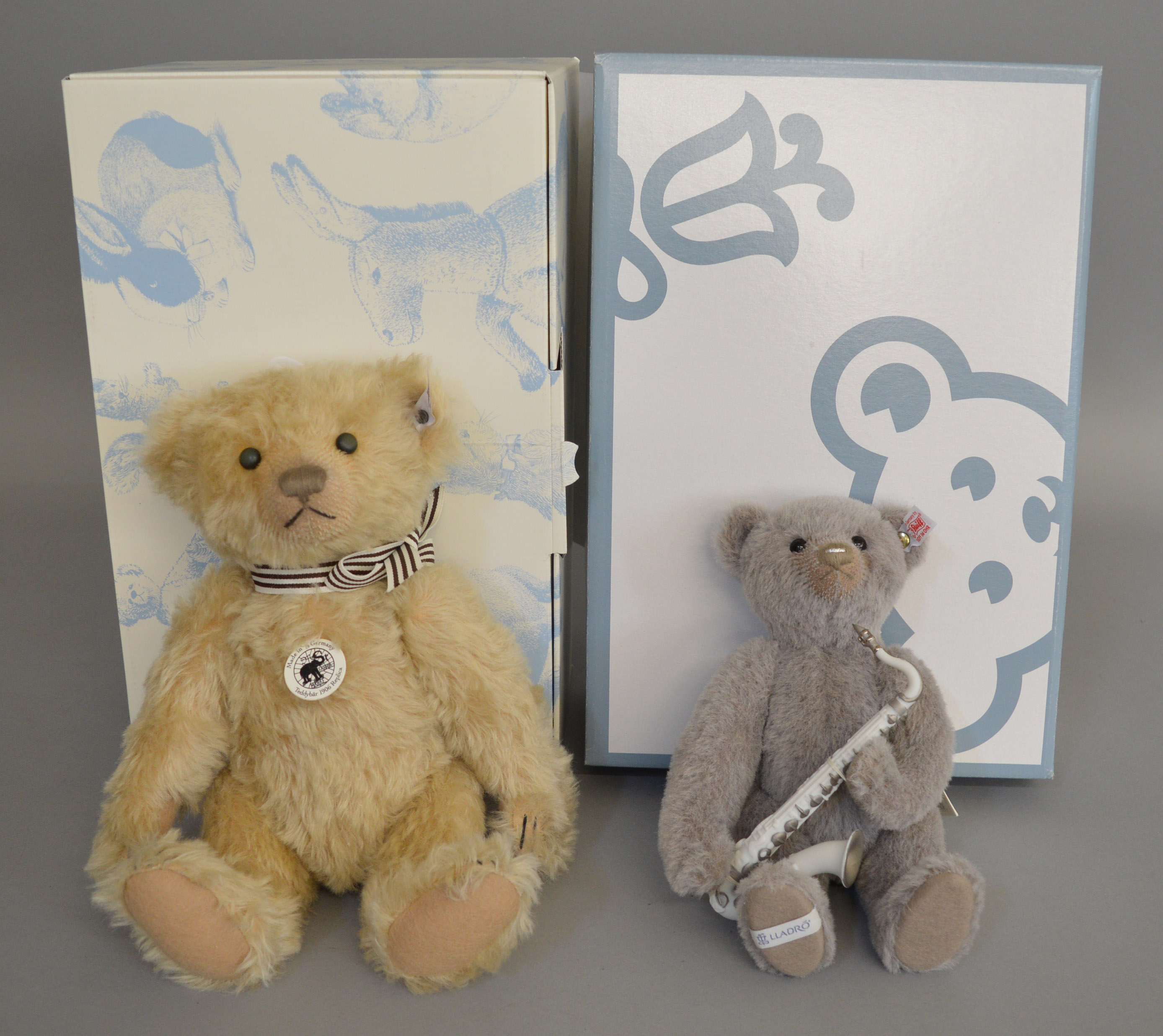 2 boxed Steiff Bears, 'Mr Vanilla' 1906 Replica and a Lladro Saxophonist Bear, both with