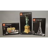 3 boxed Lego Sets from their 'Architecture' range including 21019 The Eiffel Tower, 21029 Buckingham