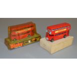 2 boxed diecast model buses by Dinky, both variants of the #289 Routemaster, a standard version with
