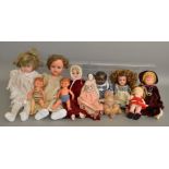 10 unboxed porcelain, composition and vinyl dolls together with a Steiff 'Piff' soft toy mouse.