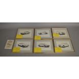 5 framed Jaguar car Prints, featuring various models, XK140, XJS V12, XK150 etc., each comes with