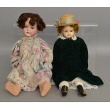 2 unboxed dolls, including an unboxed cloth bodied doll with wax head and feet, clothed,