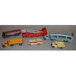 6 unboxed Dinky Toys with varying degrees of play wear including 25m Bedford Tipper, scarce