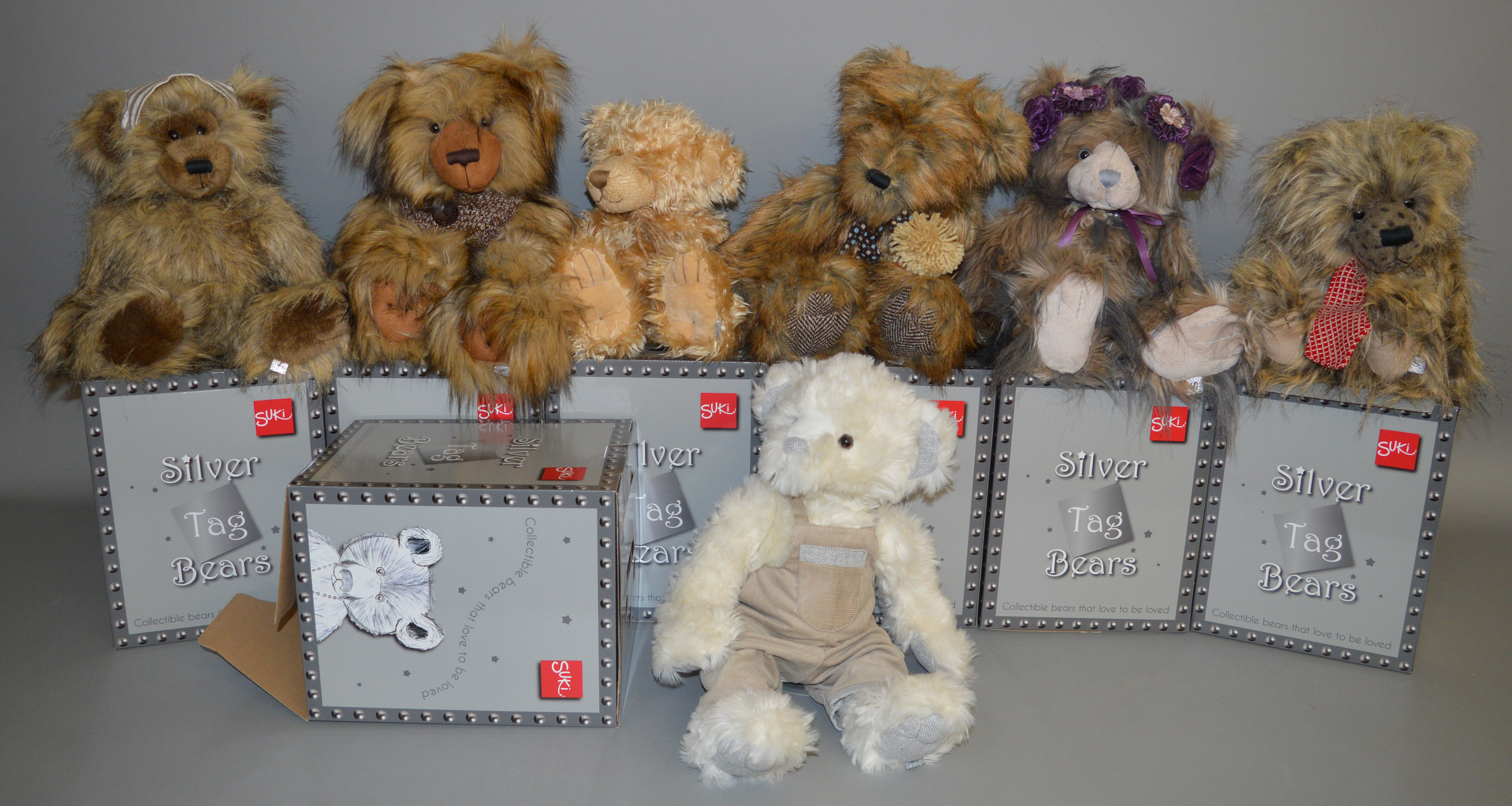 7 boxed 'Suki' Silver Tag Bears including 'Ben', 'Harry' and 'Jacob', and also includes one metal '