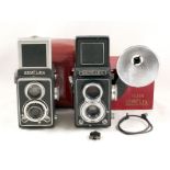 Two French SEM Semflex Twin Lens Reflex Cameras. One with rare boxed bulb flash unit and very rare