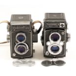 Two Metered Yashica 120 TLR Cameras. Comprising an uncommon Yashicaflex S (meter working,