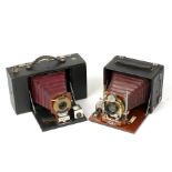 Two 1/4 Plate Red Bellows Folding Cameras. Comprising a Kodak No.3 Folding Brownie (condition 5F)