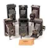 Group of Six Folding Roll Film Bakelite Cameras. Comprising Soho Model B, Pilot & Cadet models, Raja