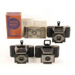 Three Ensign Midget Folding Cameras. One boxed, with Instructions etc. All with cases. (condition