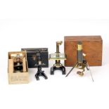 Group of Brass & Other Microscopes. Including one with unusual, folding legs. Three in fitted boxes.
