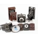 Three Coloured VP Twin & Other Bakelite Style Cameras. To include No 2 Hawkeye, Ilford Envoy,