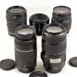 Group of Five Canon Autofocus Lenses, Inc IS Telephoto. Comprising 18-55mm f3.5-5.6 DC; 50mm f1.8 Mk