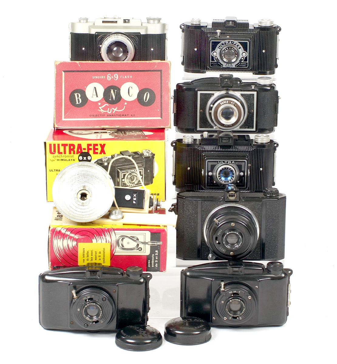 Group of Seven French Bakelite & Plastic Cameras, some Boxed. To include Fex, Banco, Loisirs and