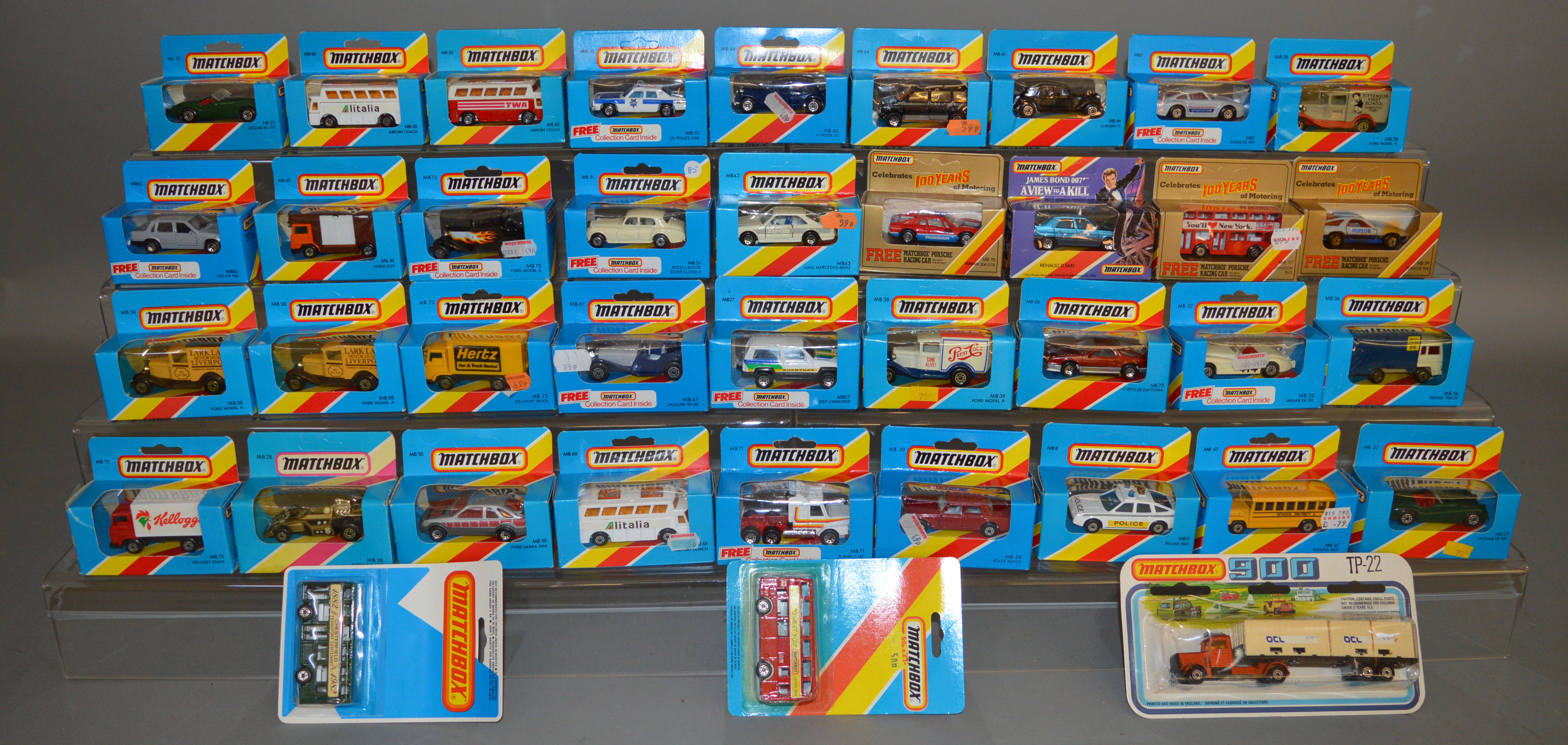 35 boxed Matchbox Superfast models, mostly in blue window box packaging with red and yellow