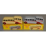 2 boxed Dinky Toys 280 Observation Coach models - Cream with red flashes and hubs,  and Grey with