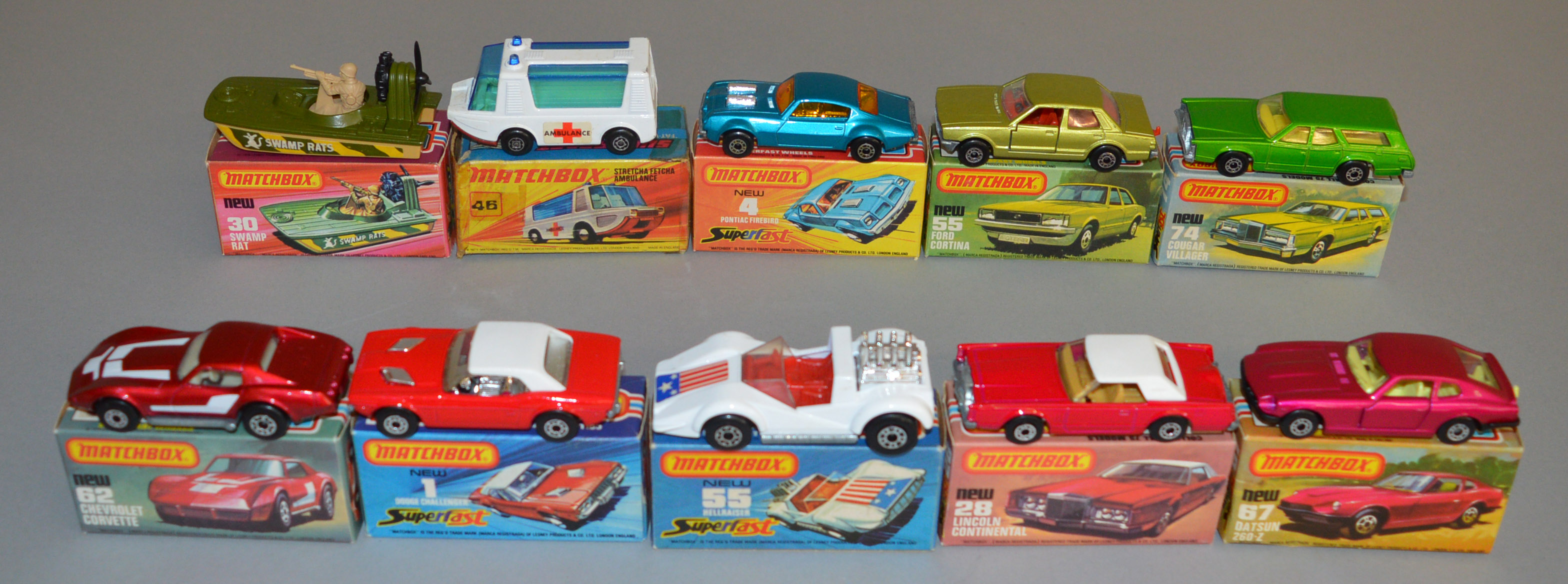 10 Matchbox Superfast diecast models including 1, 4, 28, 30, 46 Strecha Fetcha, 55 Ford Cortina,