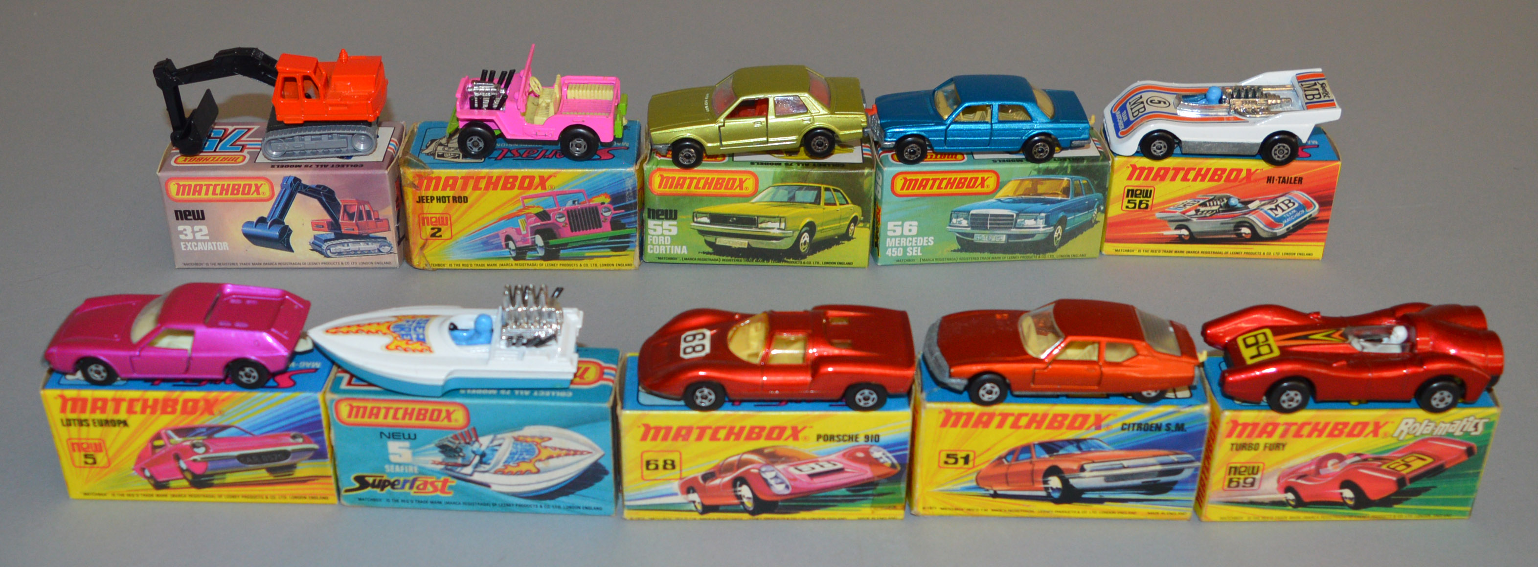 10 Matchbox Superfast diecast models including 2 Jeep Hot Rod, 5 Lotus Europa, 5 Seafire, 32, 51