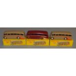 3 boxed Dinky Toys 281 Luxury Coach models - Maroon with cream flashes and red hubs together with