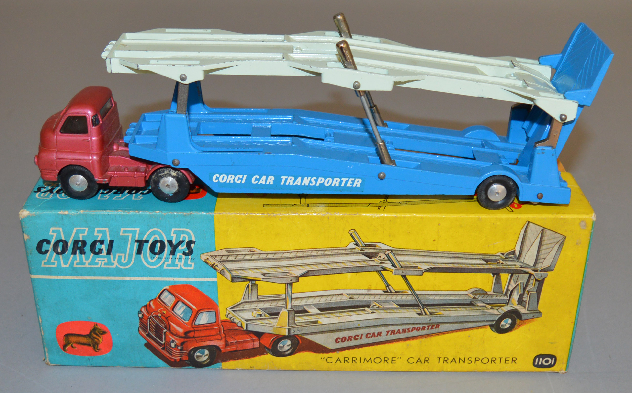 A boxed Corgi 1110 Bedford S Type Carrimore Car Transporter, scarce version with cerise cab and blue